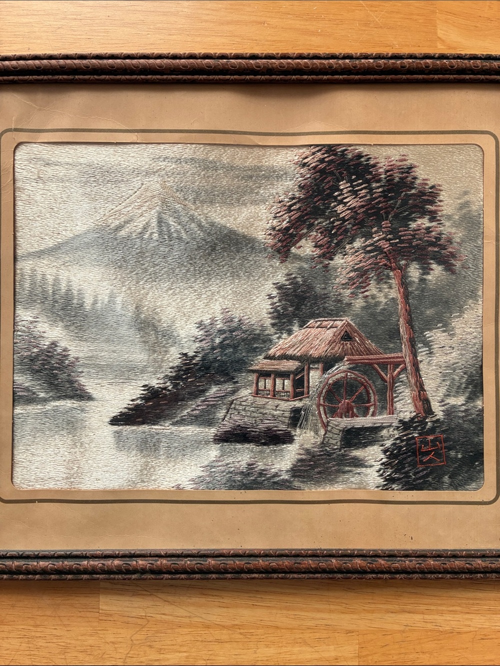 Framed Hand Embroidered Picture of Japan - Water Mill Landscape Art